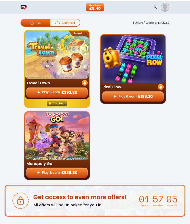 Testerup dashboard showing three game offers advertised at 393.80, 198.20 and 535.80 pounds, a balance of 5.40 pounds and a countdown to unlock more offers