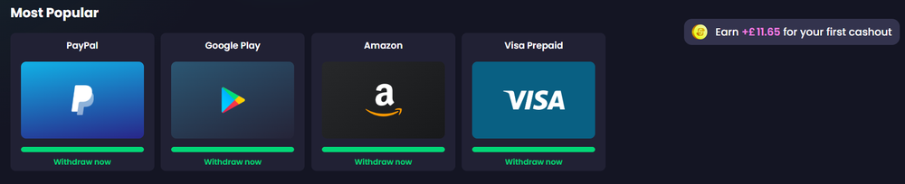 Freecash cashout page with PayPal, Google Play, Amazon and Visa Prepaid in the top row and a note saying 11.65 pounds to go before the first cashout