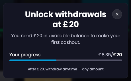 Freecash window Unlock withdrawals at 20 pounds with a progress bar at 8.35 of 20 pounds