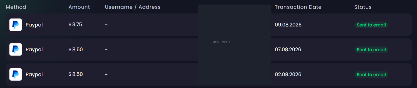 Freecash withdrawal history with three PayPal payouts, each marked sent to email
