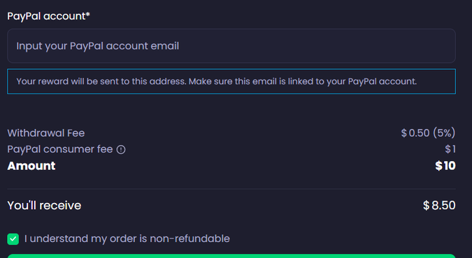 Freecash payout form showing a 5 per cent withdrawal fee, a fixed PayPal fee and the net amount