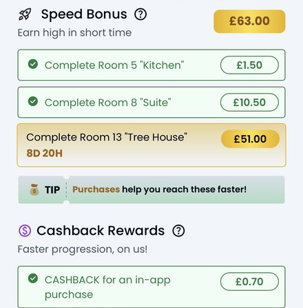 Testerup game ladder in our UK account: Merge Hotel Empire, steps from 1.50 to 51 pounds, the largest with 8 days 20 hours left
