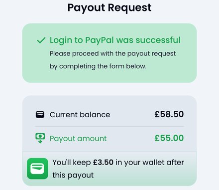 Testerup payout request in our UK account: PayPal login successful, balance 58.50 pounds, payout 55 pounds, 3.50 pounds kept