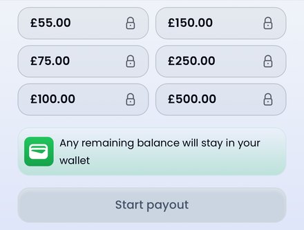 Testerup wallet in our UK account: six payout amounts from 55 to 500 pounds and the note that any remaining balance stays in the wallet