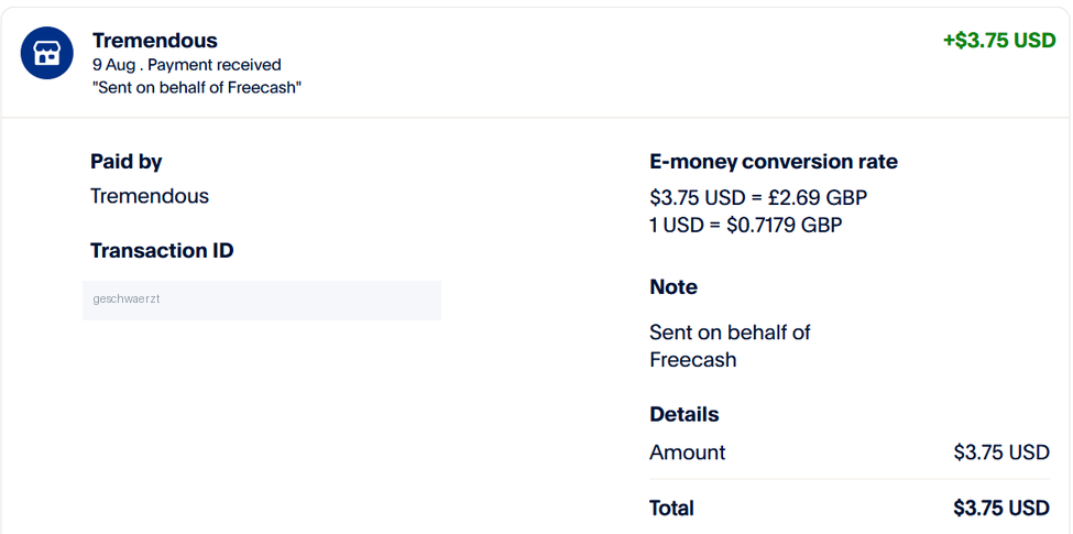 PayPal receipt showing 3.75 US dollars converted to 2.69 pounds, sent on behalf of Freecash