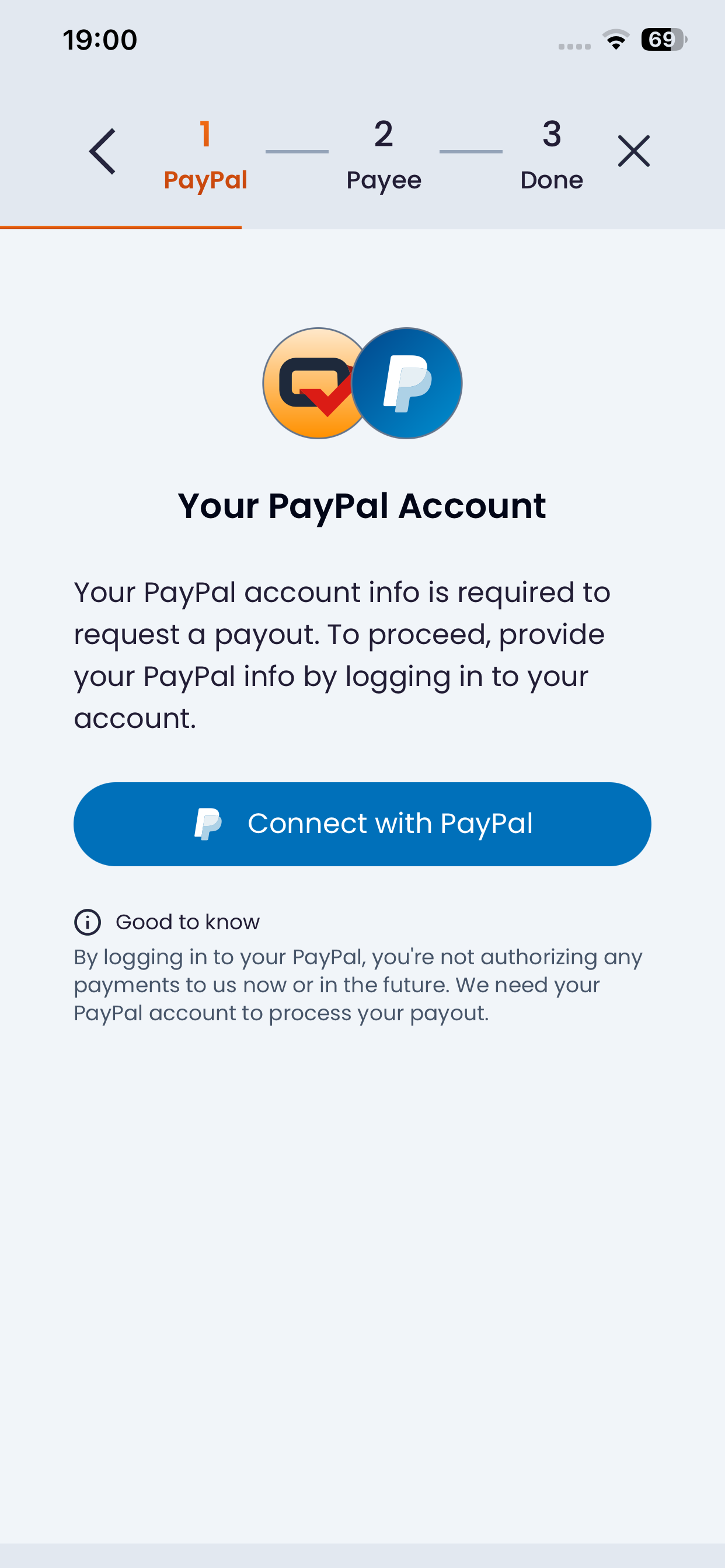 Testerup payout step one showing the three-step bar PayPal, Payee, Done and a Connect with PayPal button