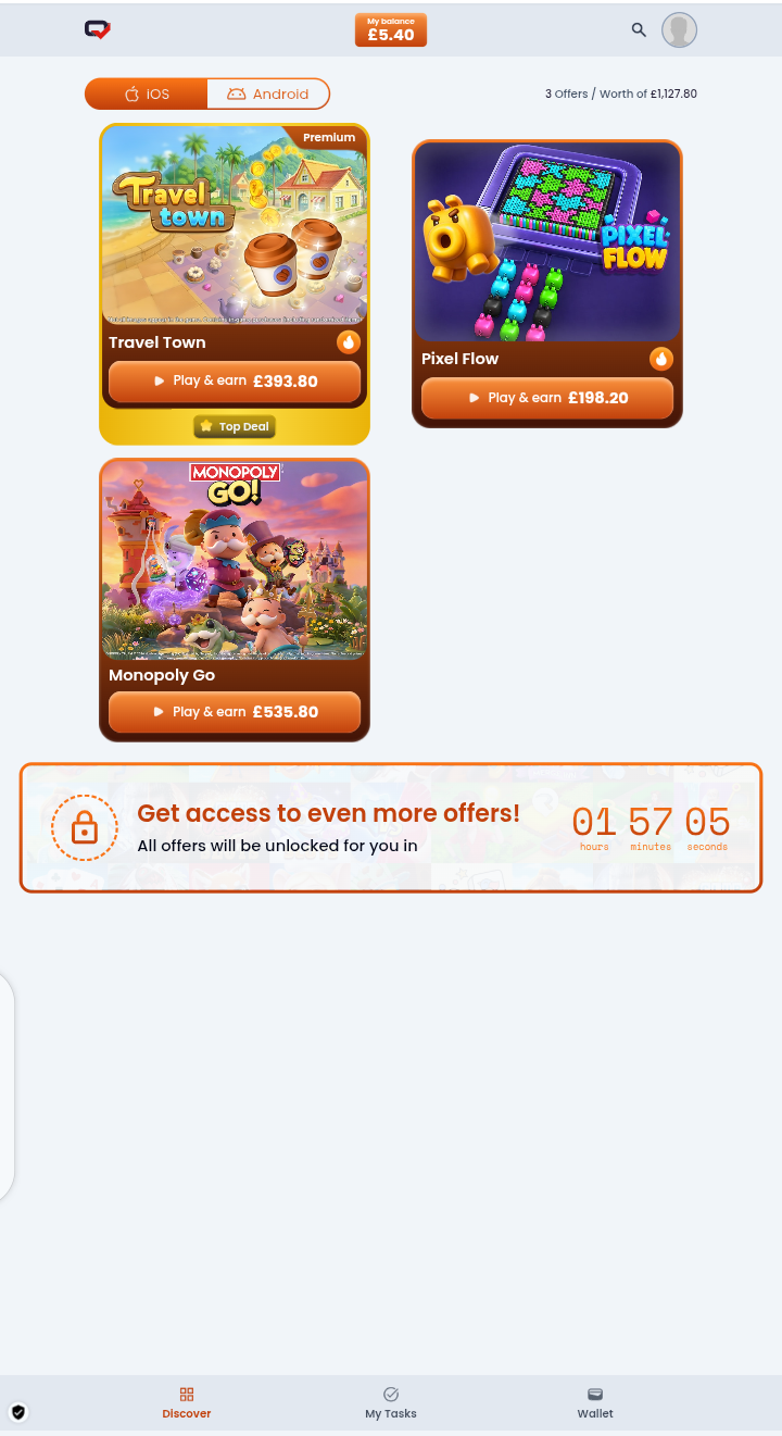 Testerup dashboard on day one with three game offers and a countdown of one hour 57 minutes to the full catalogue