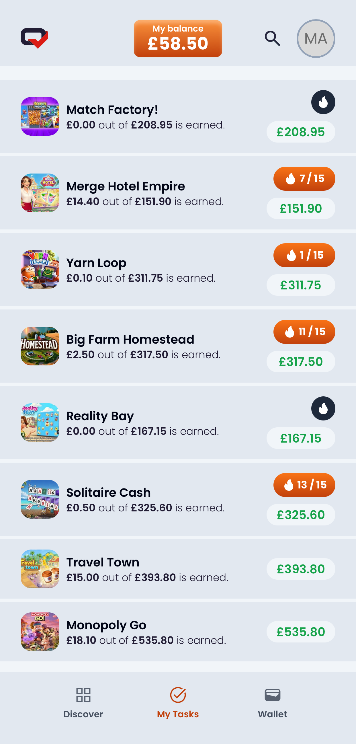 Testerup My Tasks tab listing eight started game offers, each with the amount earned so far against the total on the ladder