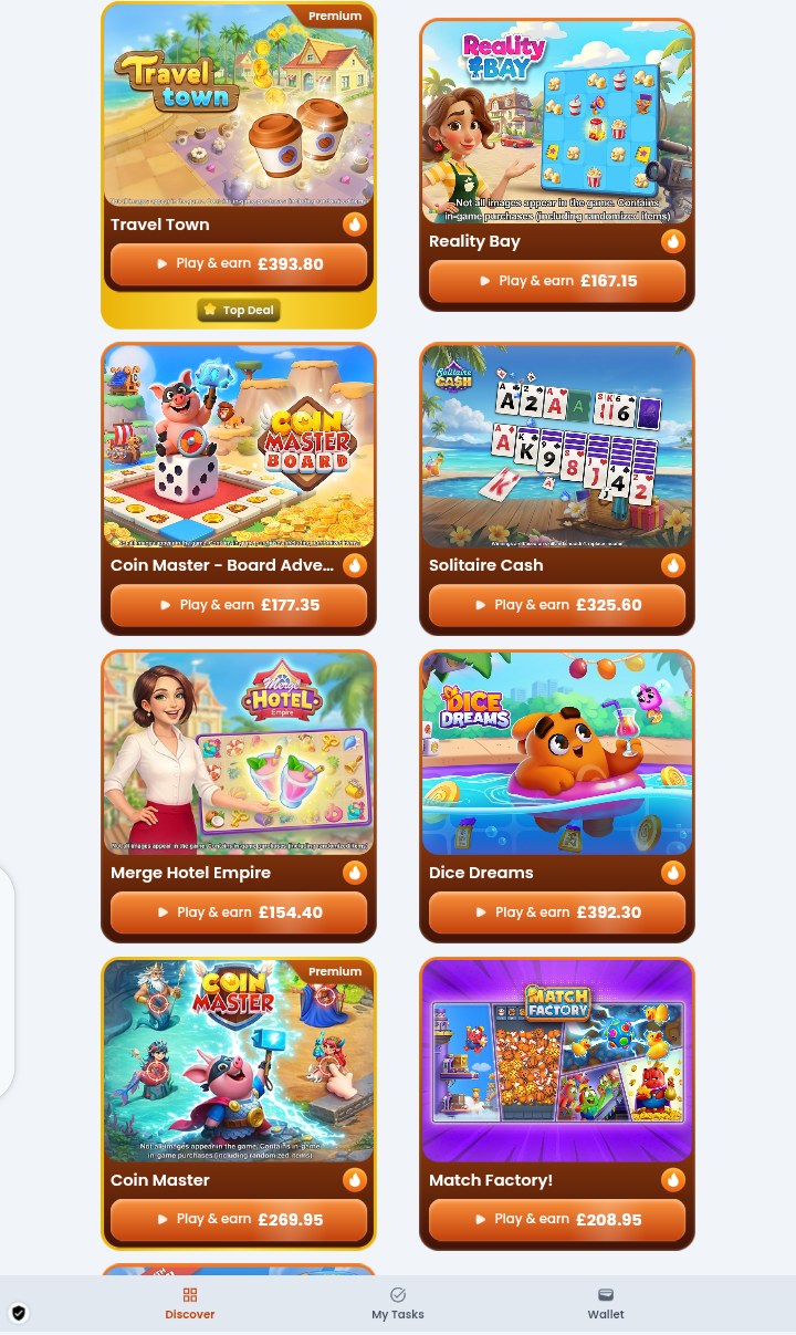 Testerup offer wall showing seven mobile game offers side by side, each tile with the amount it credits
