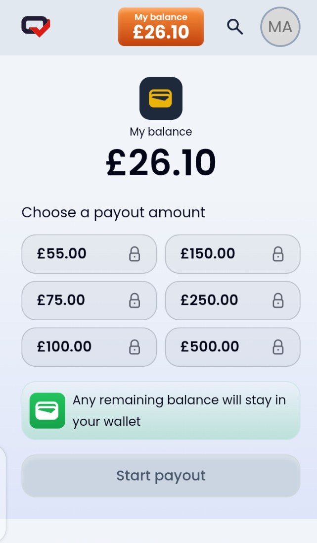 Testerup payout page showing six fixed payout amounts of 55, 75, 100, 150, 250 and 500 pounds