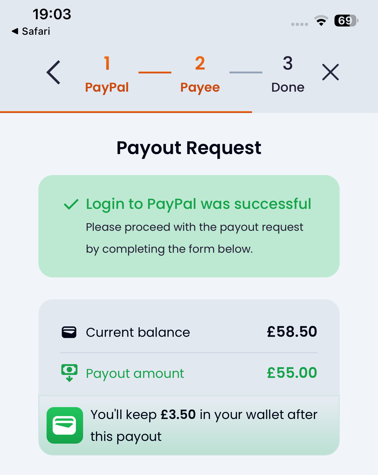 Testerup payout form showing a current balance of 58.50 pounds, a payout amount of 55.00 pounds and 3.50 pounds remaining in the wallet