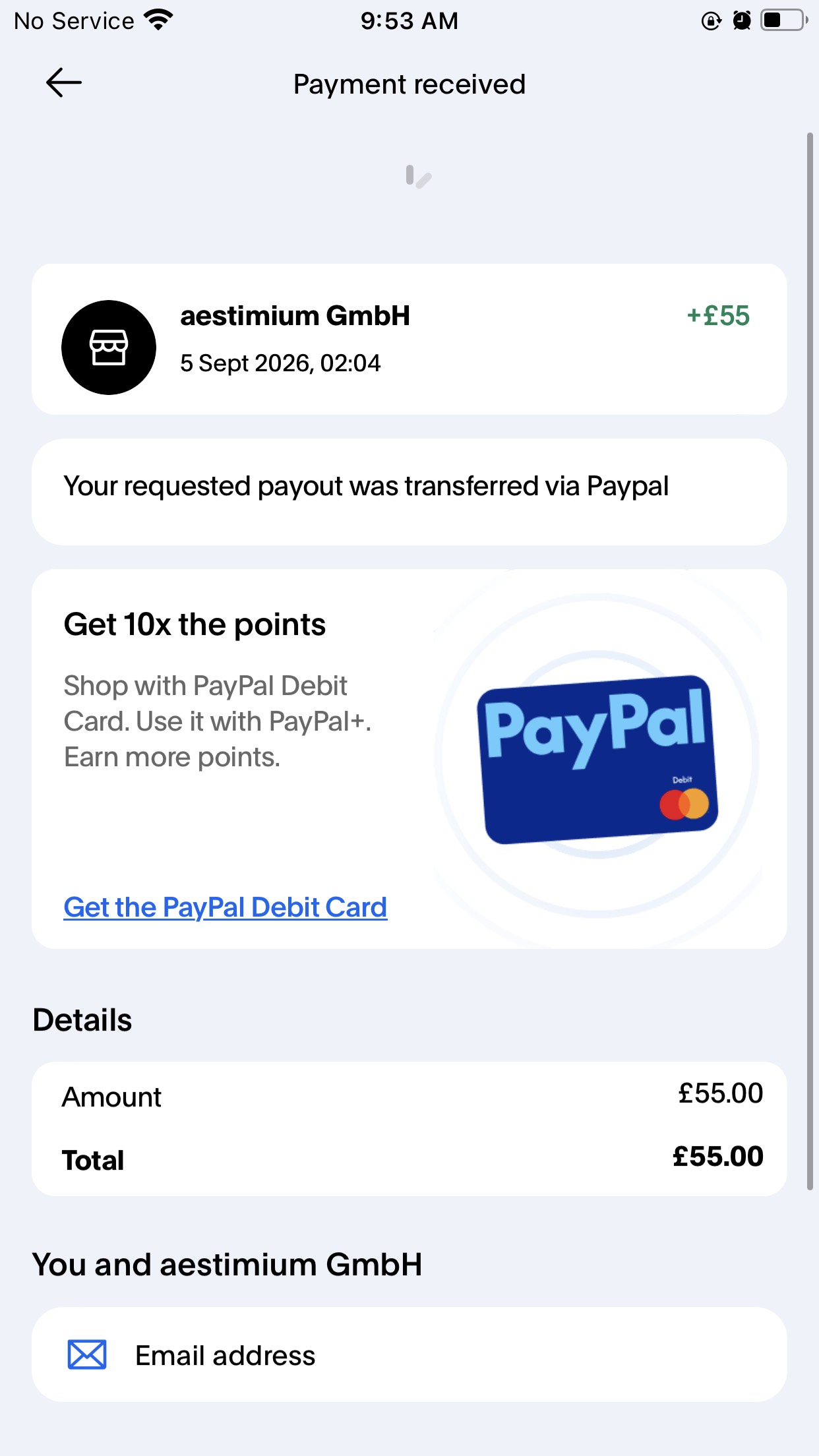 PayPal receipt showing 55 pounds received from aestimium GmbH on 5 September 2026 at 02:04, amount and total both 55.00