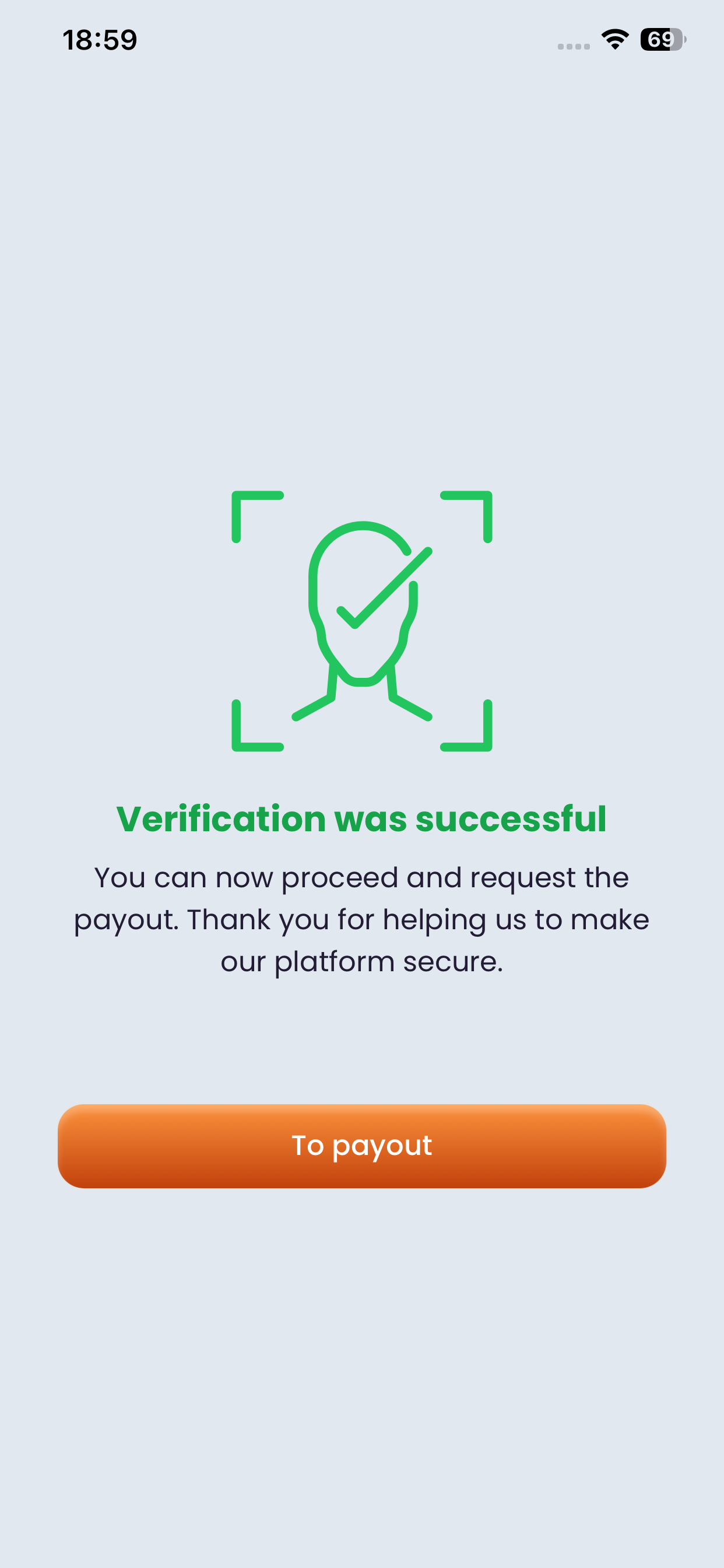 Testerup screen confirming that the face verification was successful