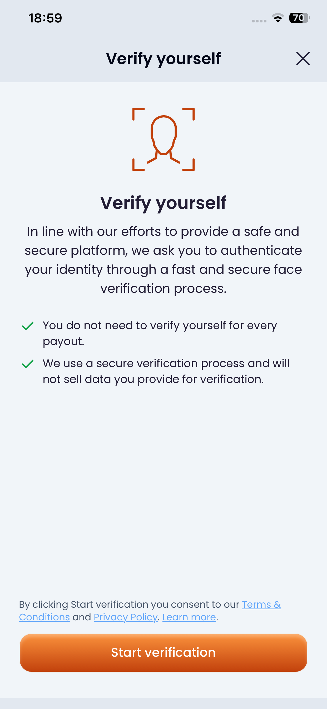 Testerup identity verification screen offering a face check with a start verification button