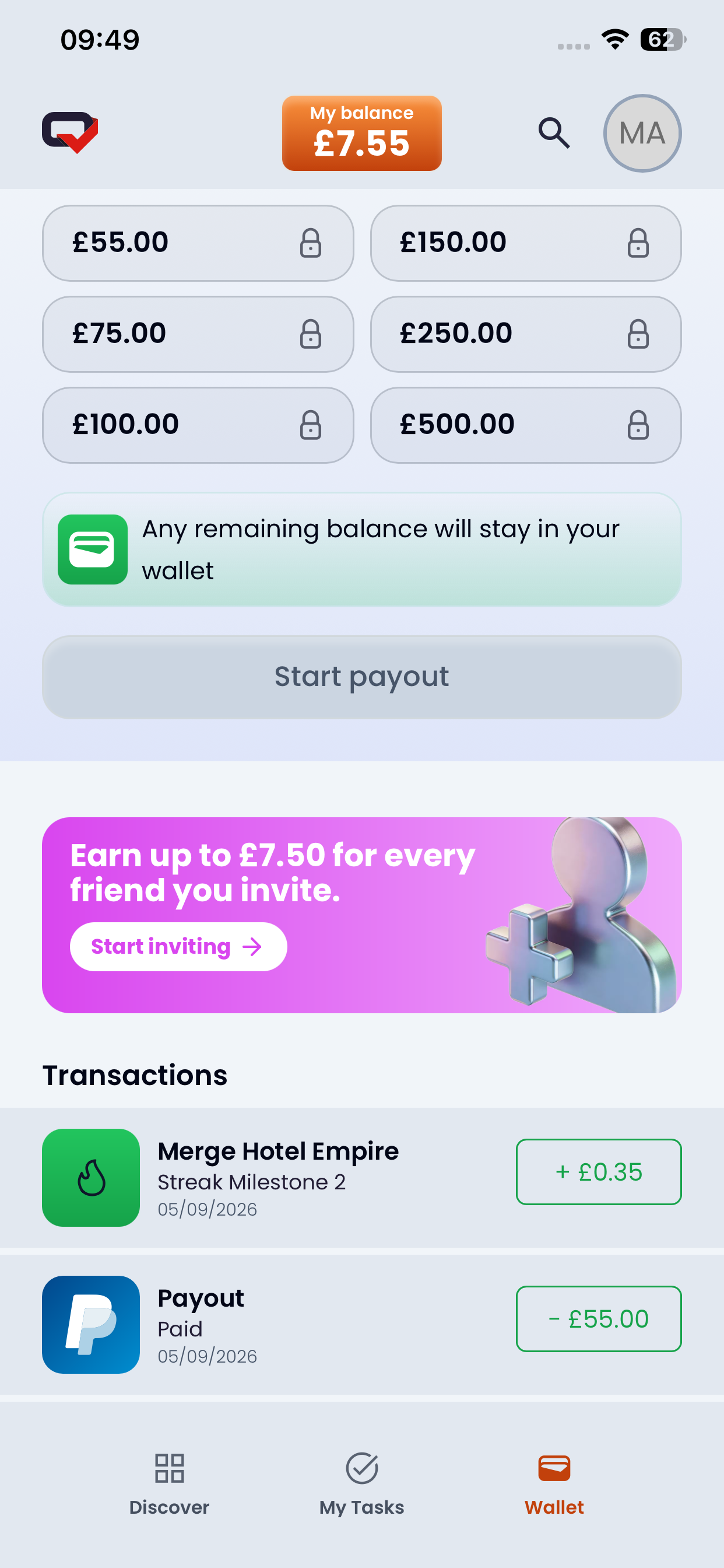 Testerup wallet after a payout showing a balance of 7.55 pounds, all six payout amounts locked, and a transaction line reading Payout Paid minus 55 pounds