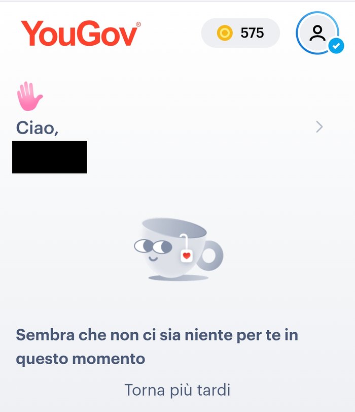 YouGov homepage on a phone with a balance of 575 points and the message that nothing is available right now