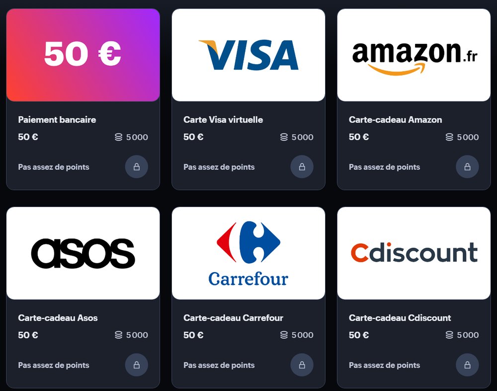 YouGov rewards grid: bank payment, virtual Visa card, Amazon, Asos, Carrefour and Cdiscount, each 5,000 points