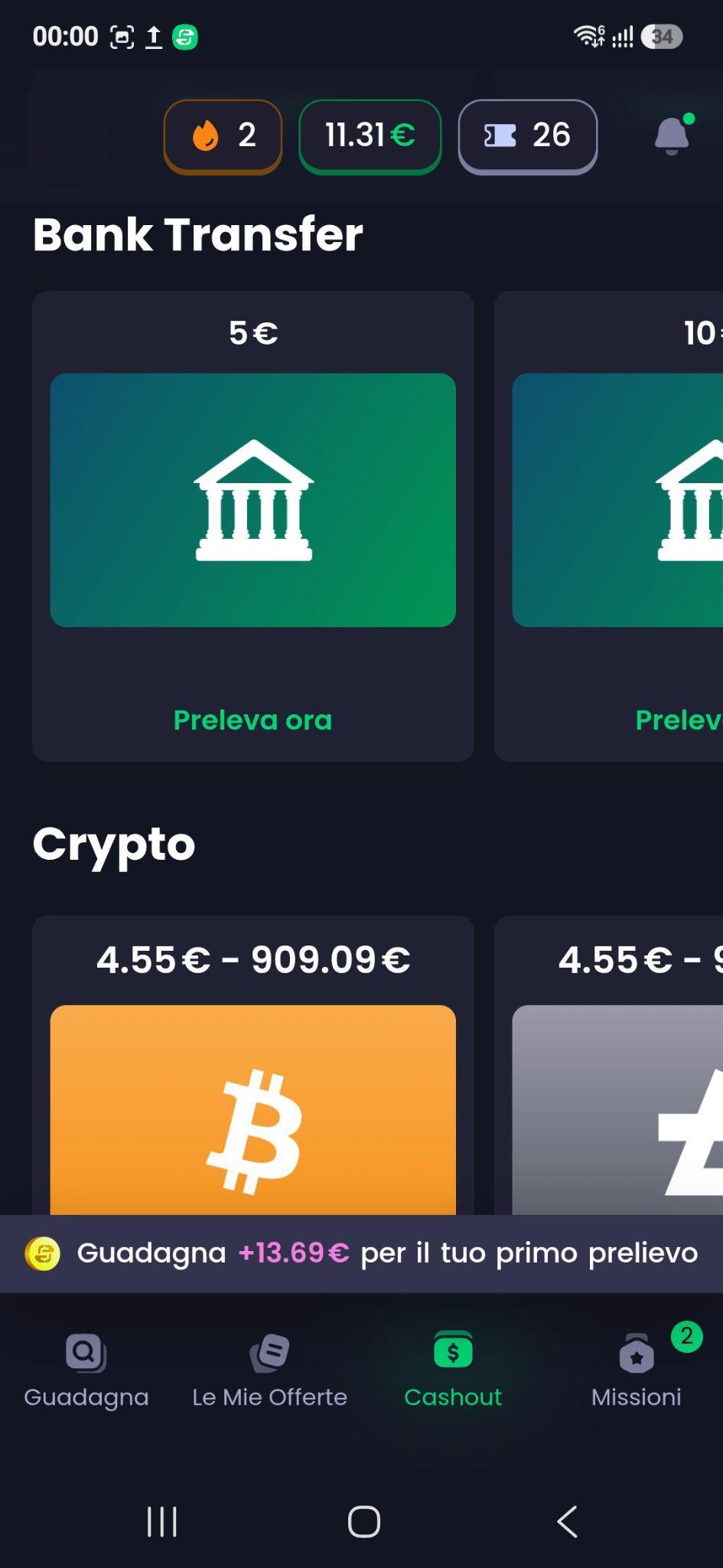 Schermata di prelievo dell'app Freecash con saldo di 11,31 euro