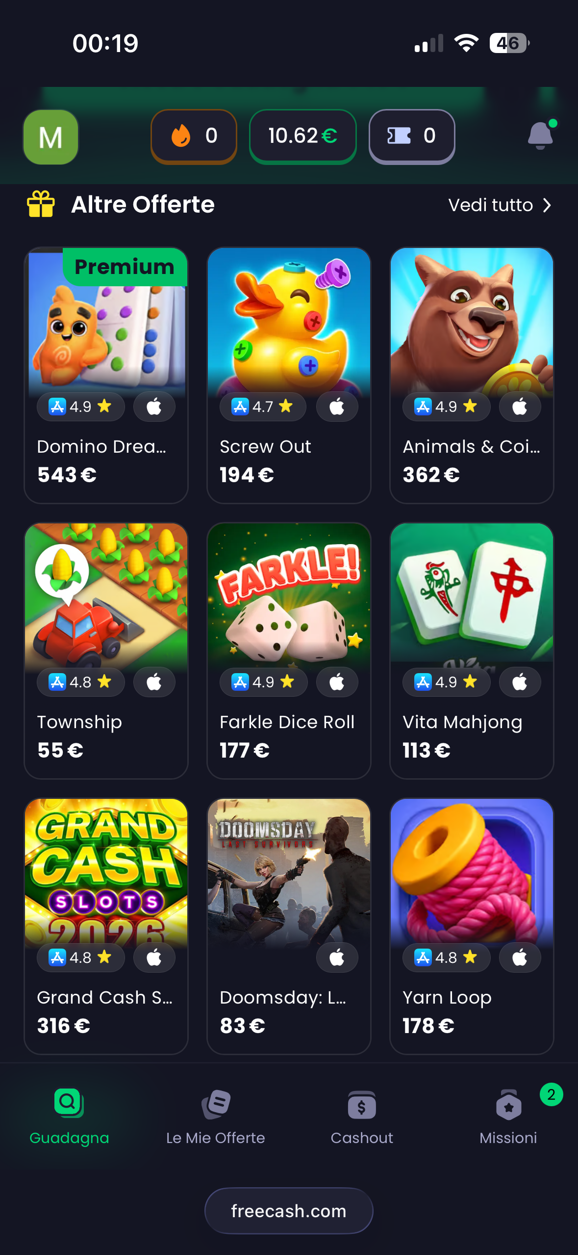 Lista delle offerte di Freecash sul telefono con nove giochi
