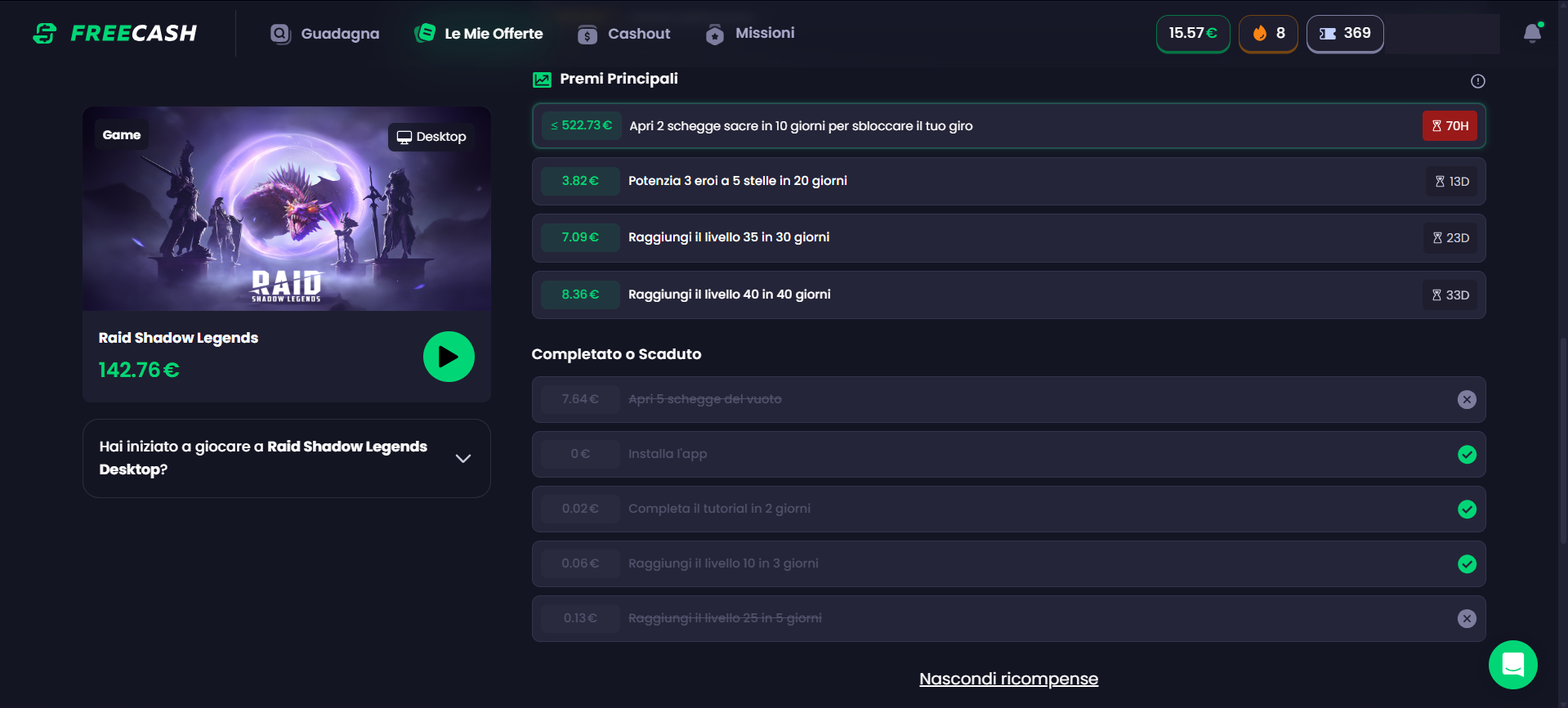 Offerta Raid Shadow Legends Desktop su Freecash con avviso e due tappe scadute