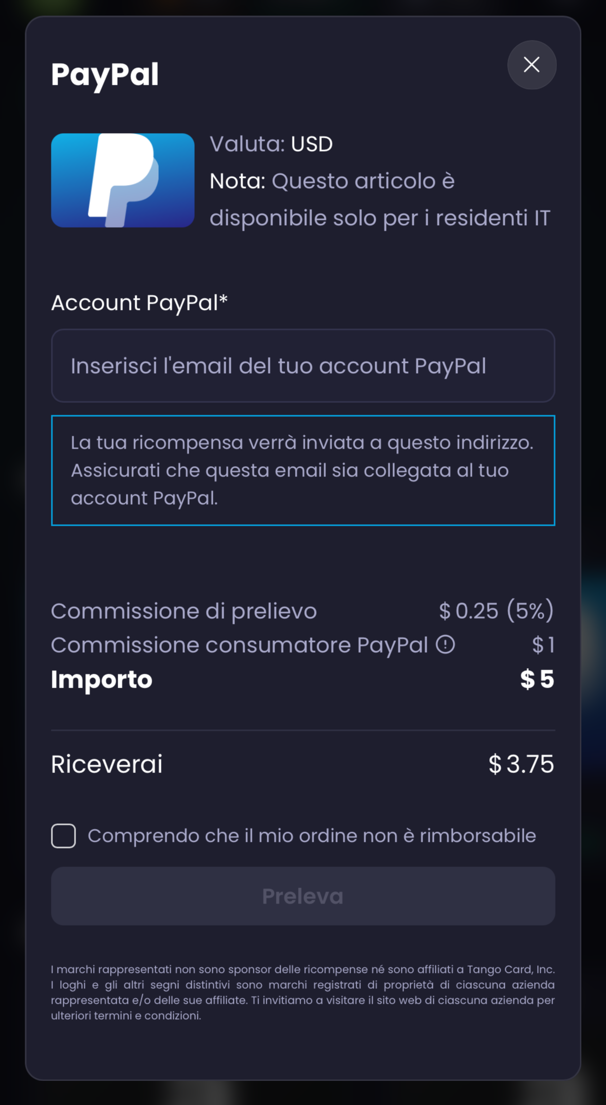 Modulo di prelievo PayPal su Freecash: commissione 0,25 dollari, commissione consumatore 1 dollaro, importo 5 dollari, riceverai 3,75 dollari