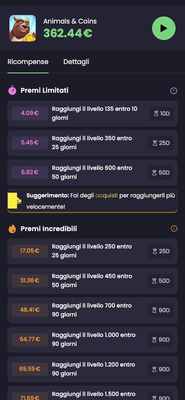 Scala dei premi limitati di Animals and Coins su Freecash, da 4,09 a 71,59 euro
