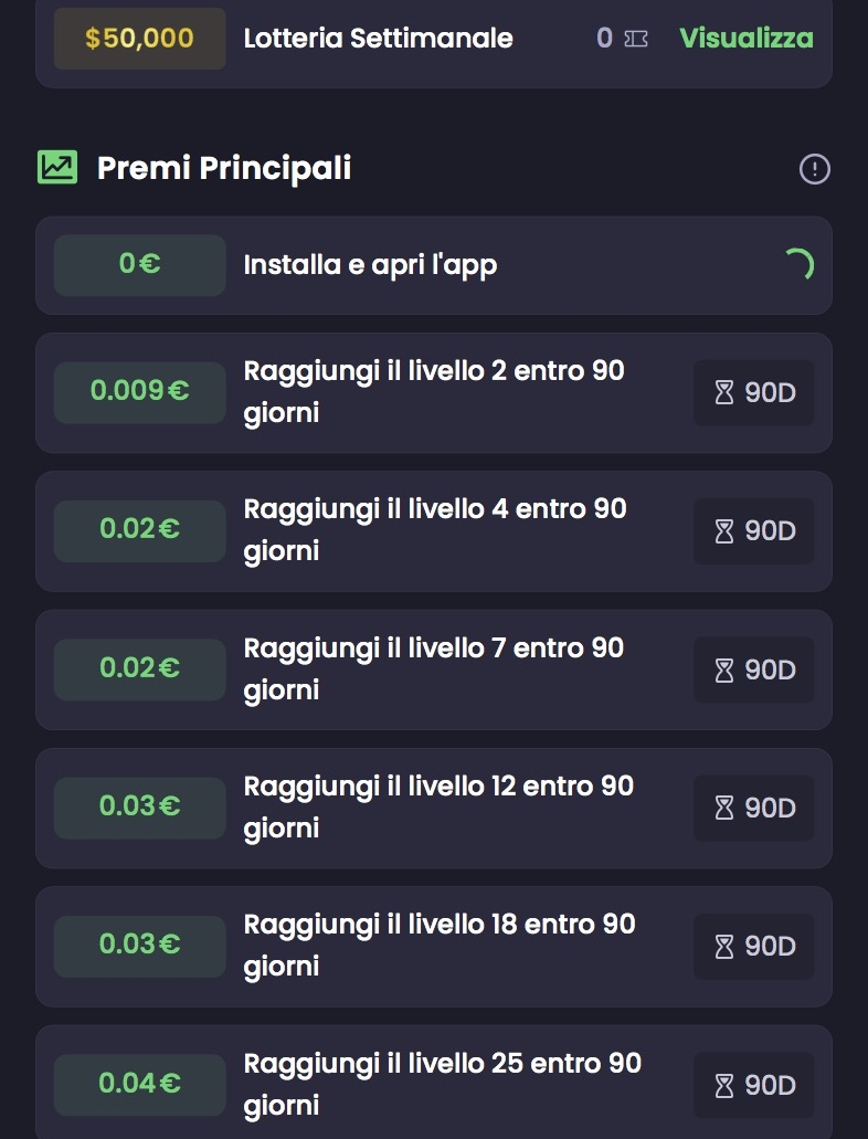 Scala dei premi principali dello stesso gioco, da 0,009 a 0,42 euro per livello