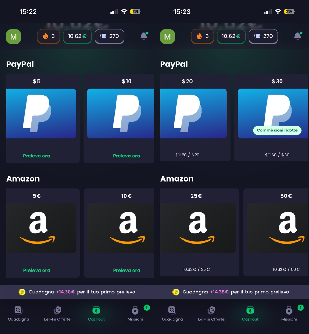 Pagina di cashout Freecash: schede PayPal da 5 dollari con Preleva ora, e sotto il banner Guadagna 14,38 euro per il tuo primo prelievo