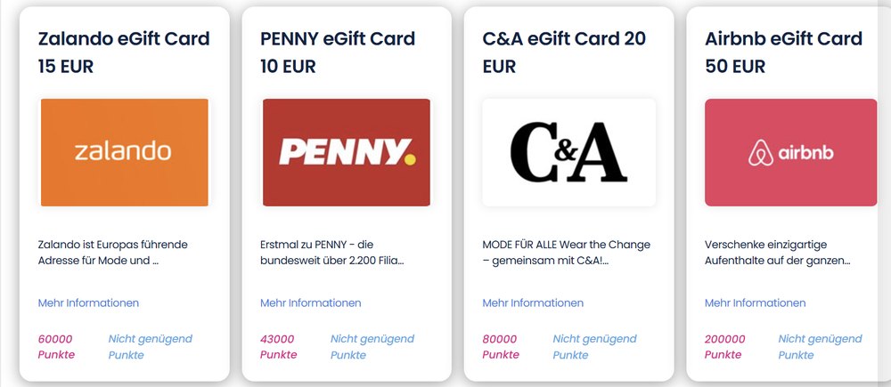 Toluna-bonnenwinkel: Zalando 15 euro voor 60.000 punten, PENNY 10 euro voor 43.000, C&A 20 euro voor 80.000, Airbnb 50 euro voor 200.000