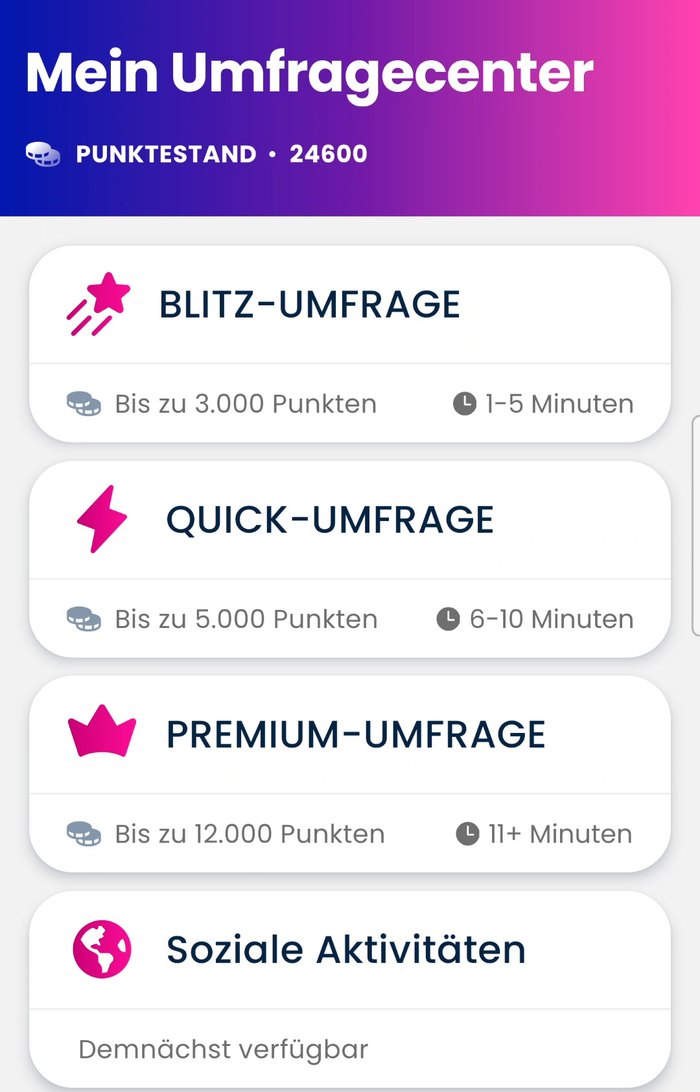 Toluna-app, enquêtecentrum: Blitz tot 3.000 punten, Quick tot 5.000, Premium tot 12.000 punten