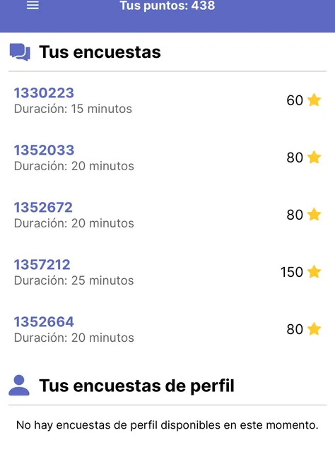 Lista de encuestas en la app Ipsos i-Say con cinco encuestas, su duracion y sus estrellas