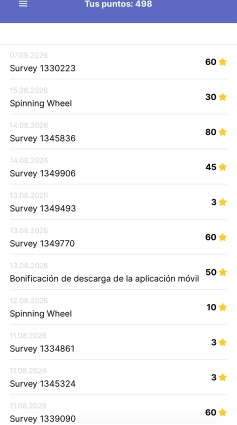 Extracto de puntos en la app Ipsos i-Say con la bonificacion de descarga de 50 estrellas y la ruleta