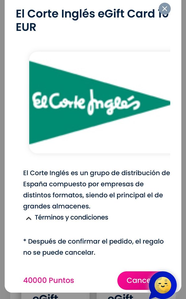 Ficha de Toluna en el movil: tarjeta regalo El Corte Ingles de 10 euros por 40000 puntos