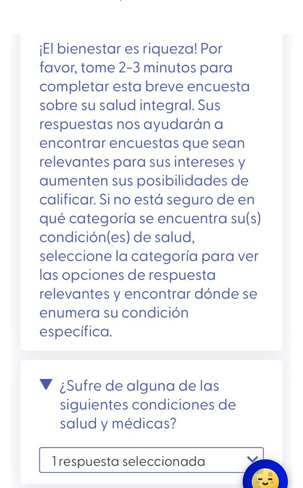 Cuestionario de perfil de Toluna en el movil: salud y bienestar, 2-3 minutos, respuestas con desplegables
