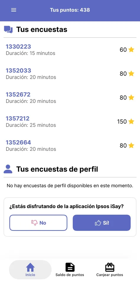 Lista de encuestas de Ipsos i-Say con cinco ofertas, cada una con su duración en minutos y las estrellas que paga