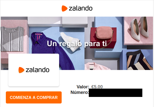 Tarjeta regalo de Zalando emitida desde el cheque de Ipsos i-Say con el valor de 5,00 euros y el código oculto