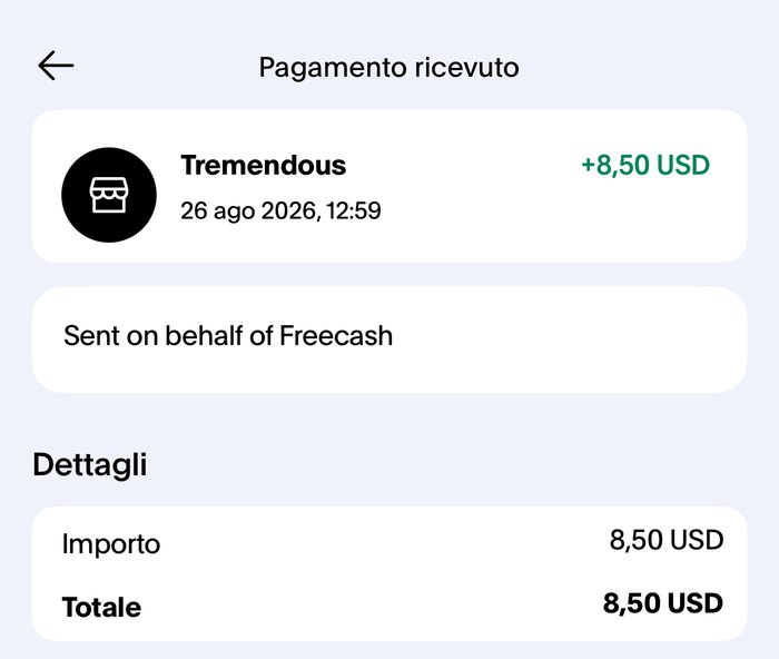 Pago recibido en PayPal: Tremendous, 8,50 USD, con la nota Sent on behalf of Freecash