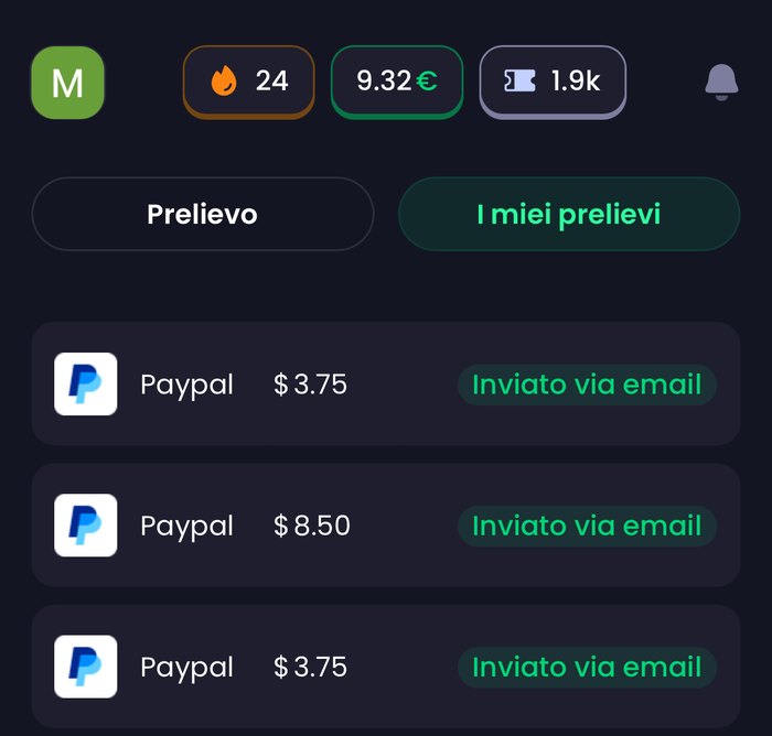 Historial de retiradas de Freecash con tres pagos por PayPal de 3,75, 8,50 y 3,75 dólares, enviados por correo
