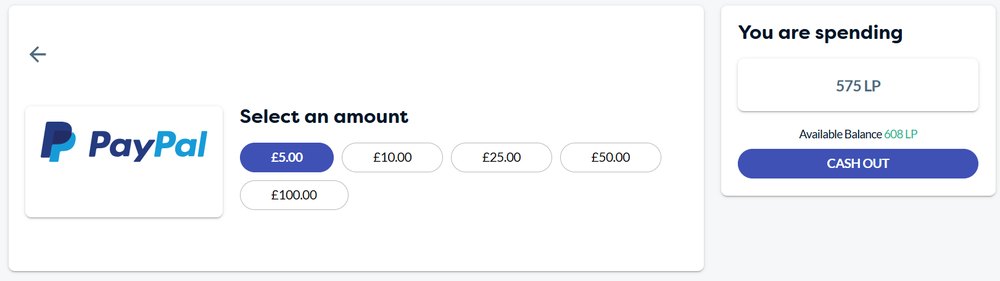 Página de levantamento PayPal do LifePoints com escalões e pontos necessários