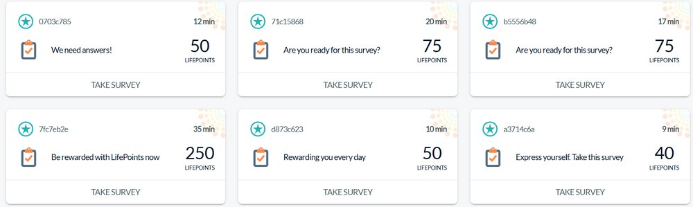 Lista de inquéritos do LifePoints com pontos e duração de cada inquérito