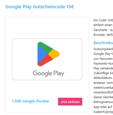 Page de la récompense Google Play 15 euros pour 1 500 points mingle