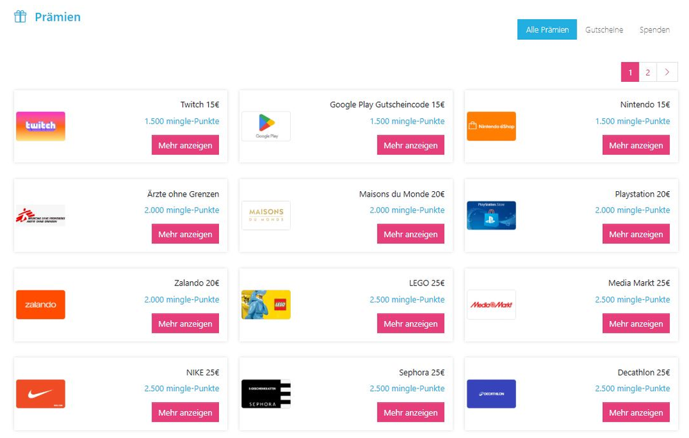 Catalogue de récompenses mingle avec le nombre de points par bon