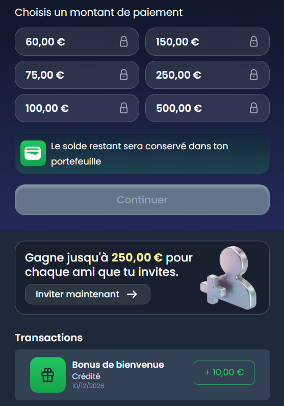 Teststar-tegnebog med udbetalingstrin fra 60 til 500 euro og velkomstbonus