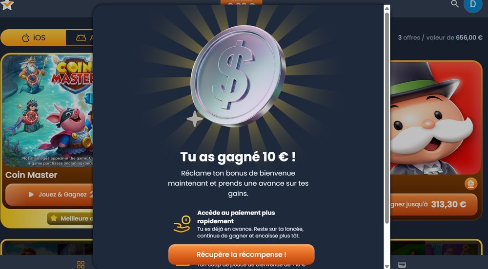 Teststar-dialog efter tilmelding: du har vundet 10 euro